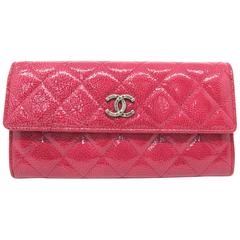 Chanel Red Quilted Patent Leather Silver Metal Long Wallet