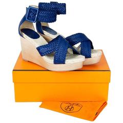 Wedge Sandals HERMES T 39 FR 'Cordoba' Model in Blue Leather Straps 1