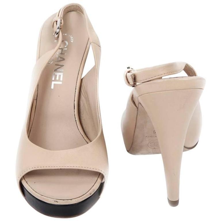 Chanel Cream Leather Peep Toe Slingback Sandals Size 38 at 1stDibs