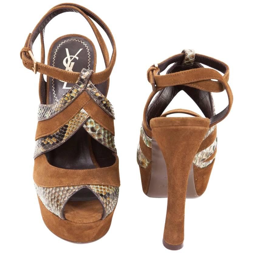 YSL High Heel Sandals 'Tributes' Model 35FR in Brown Velvet Calfskin and Python