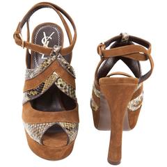 Used YSL High Heel Sandals 'Tributes' Model 35FR in Brown Velvet Calfskin and Python