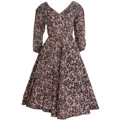 1950s Vintage Black and Powder Pink Brocade Cocktail New Look Circle Dress