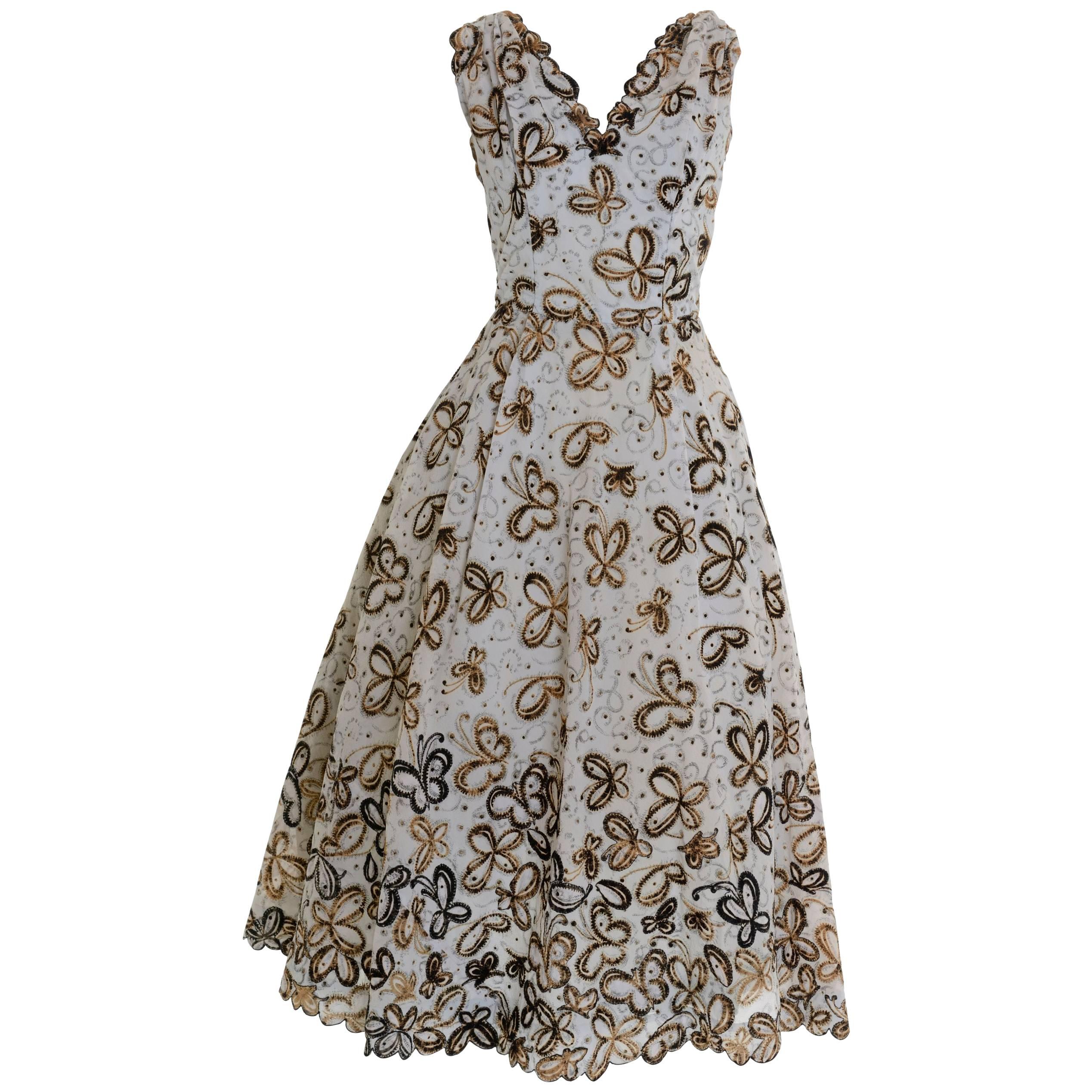 1950s Vintage Butterfly Brocade Cocktail New Look Circle Dress