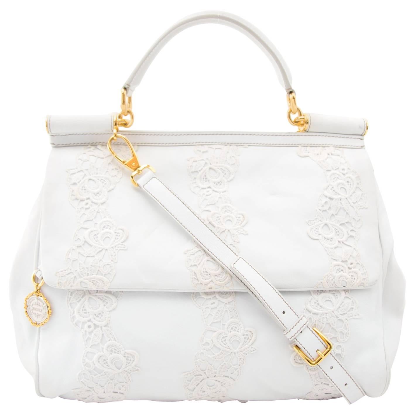Dolce & Gabbana White Leather & Lace Sicily Bag