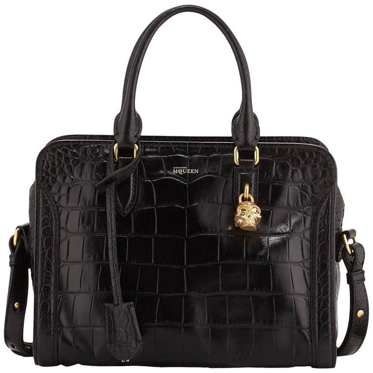 Alexander McQueen Black Embossed Croc Mini Padlock Satchel Bag w/ Strap ...