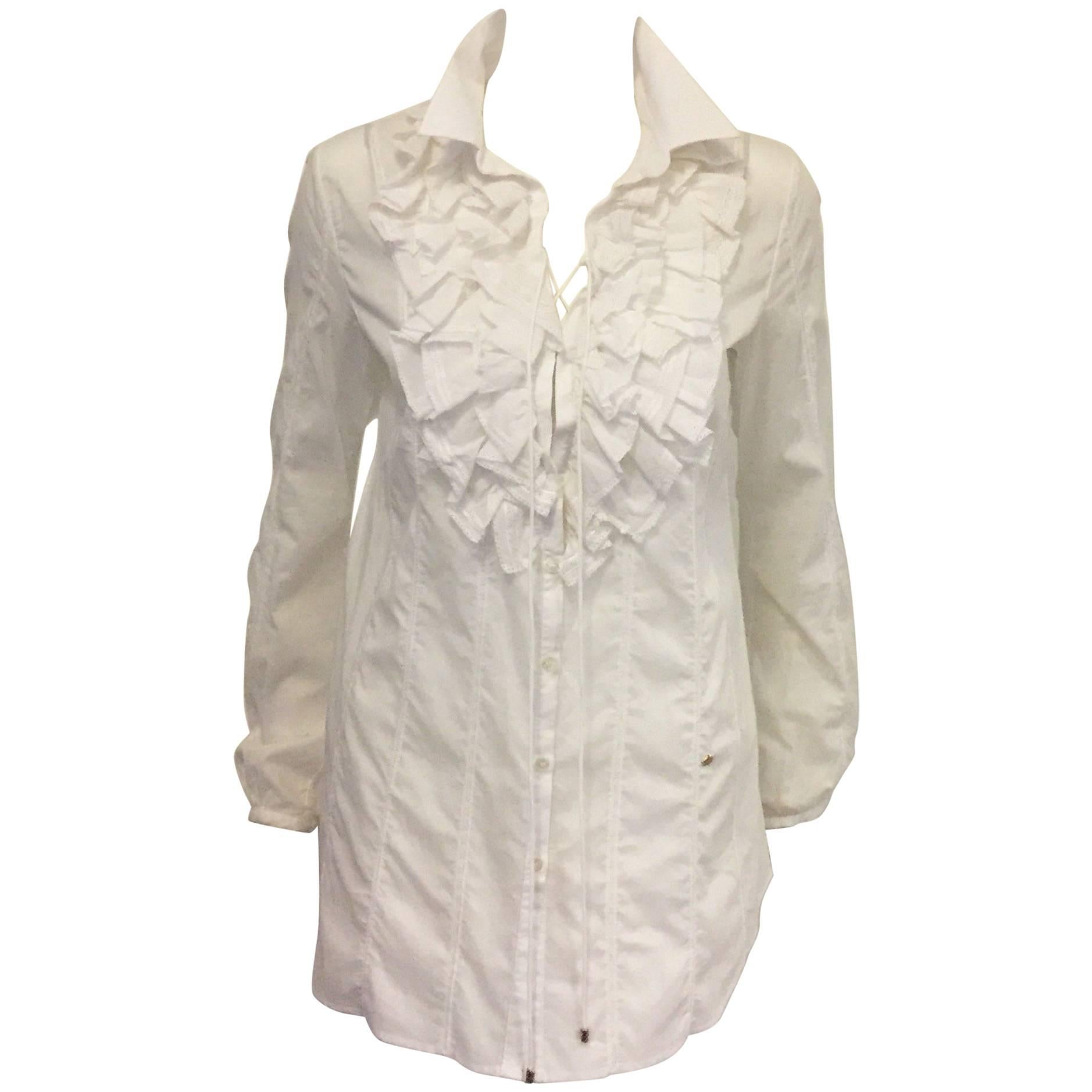 Romantic Roberto Cavalli's Frilly Blouse in Pure White with Ruffles and Lace  