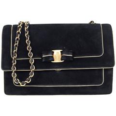 Salvatore Ferragamo Black Suede Ginny Crossbody Bag w/ Bow