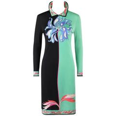 EMILIO PUCCI c.1970's Vestido con estampado floral de bloques de color verde menta y negro