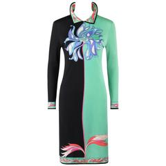 EMILIO PUCCI ca. 1970er Mintgrünes & schwarzes Colorblock-Kleid mit Blumenmuster