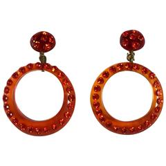 Antique 1920s Clear Orange Celluloid Clip On Hoop Drop Earrings Dazzling Stonework