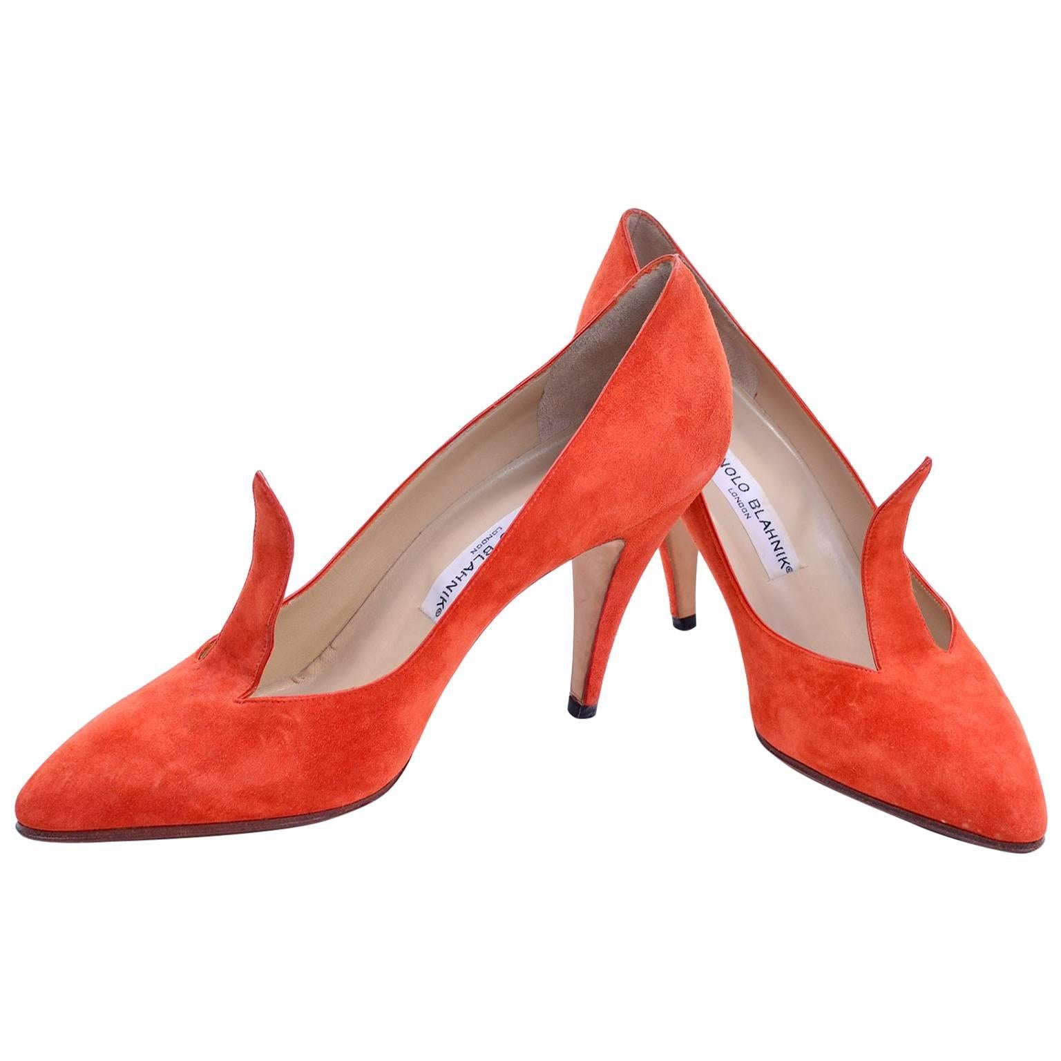 Manolo Blahnik Vintage Orange Suede Fall Shoes with Flame 