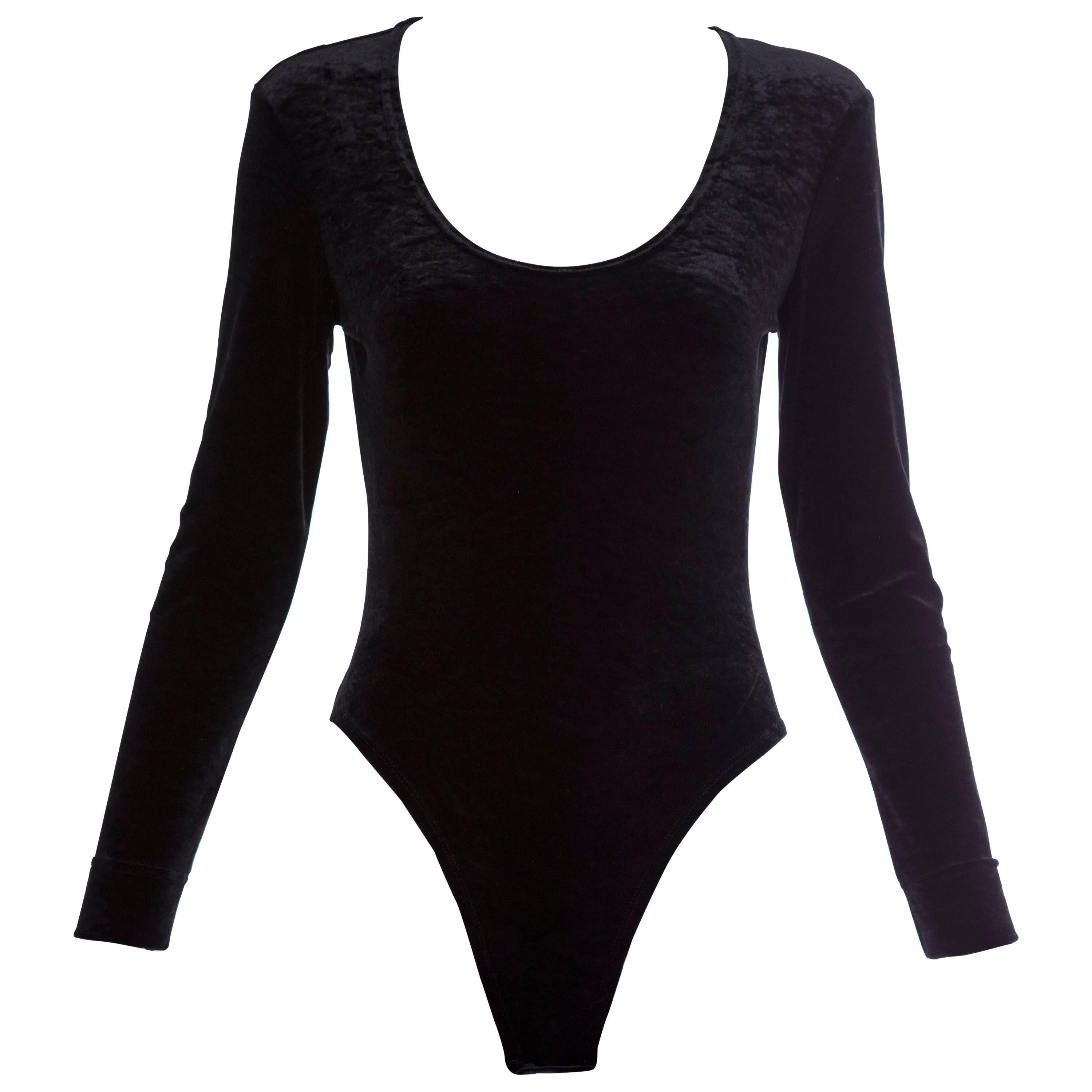 Cheap And Chic By Moschino Black Nylon Spandex Velvet Bodysuit, Early 2000s For Sale