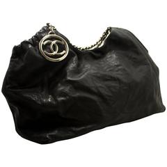 CHANEL Coco Cabas GM Large Chain Shoulder Bag Black Leather Silver 12