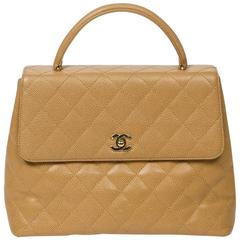 Chanel Kelly Handbag Beige Quilted Caviar