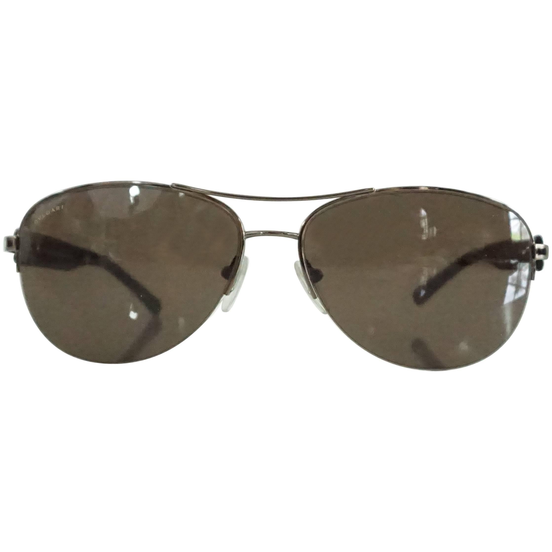 Bvlgari Silver Aviator Sunglasses with Tortoiseshell Legs