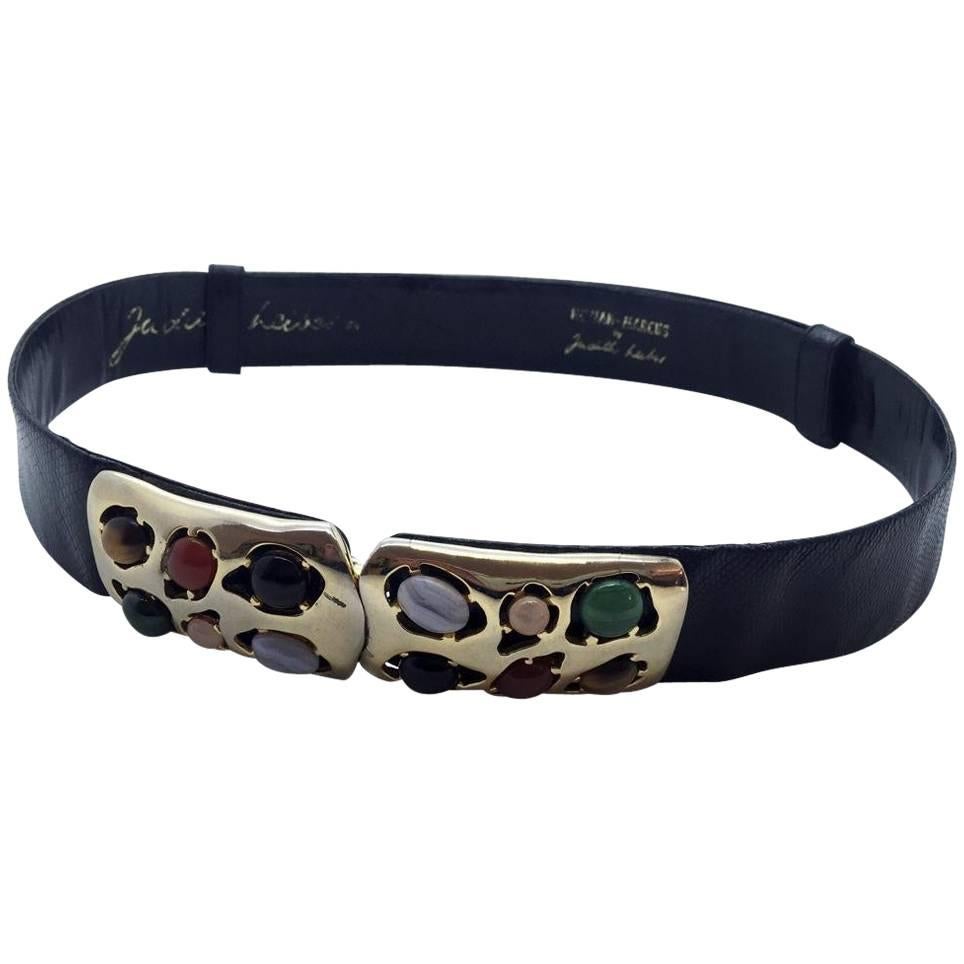 1980s Judith Leiber for Nieman Marcus Black Lizard Belt & Semi Precious Stones  For Sale