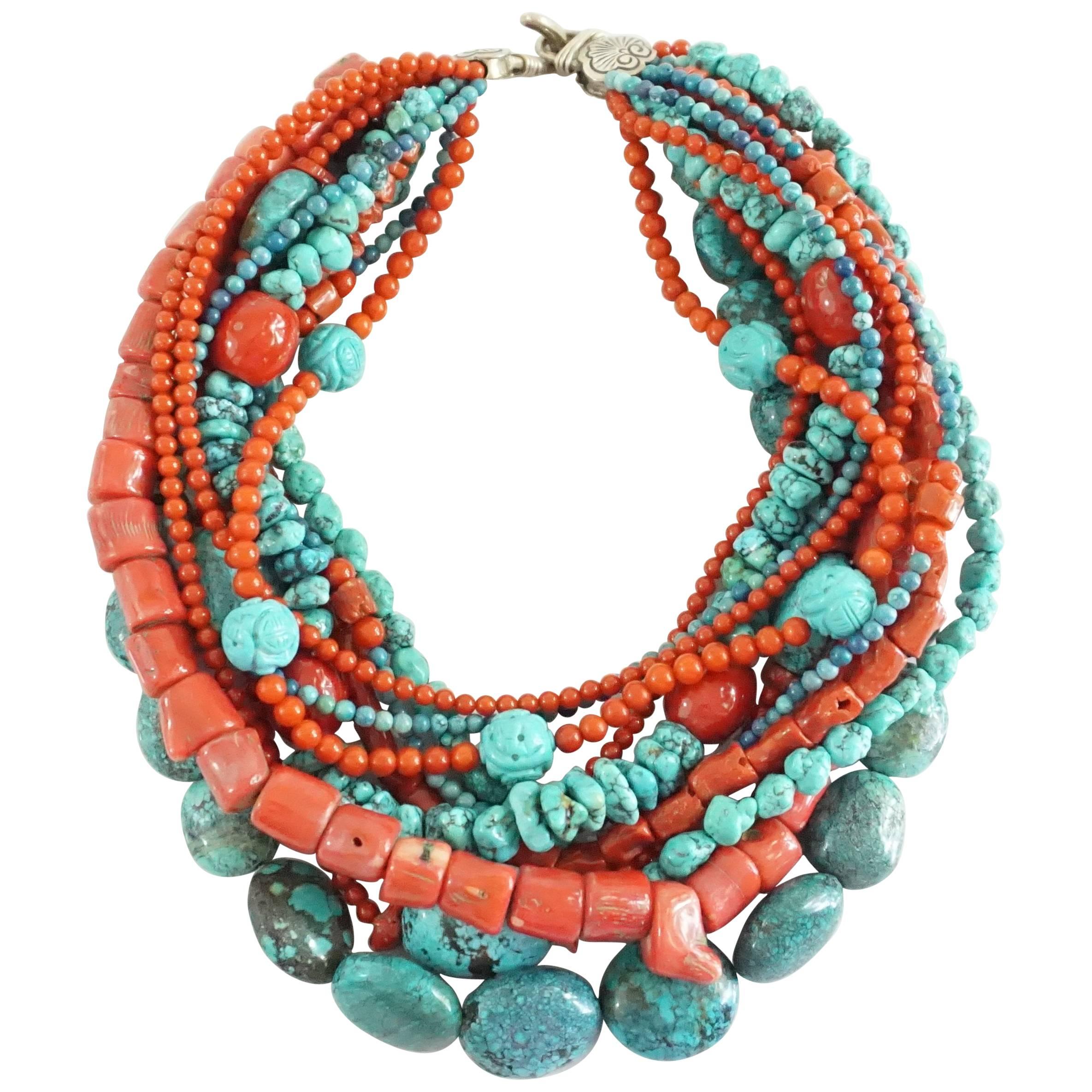 Stephen Dweck Coral and Turquoise Multi-Strand Beaded Necklace