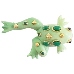 Replica Green Enamel Frog with Gold and Green Stone Detailing Brooch