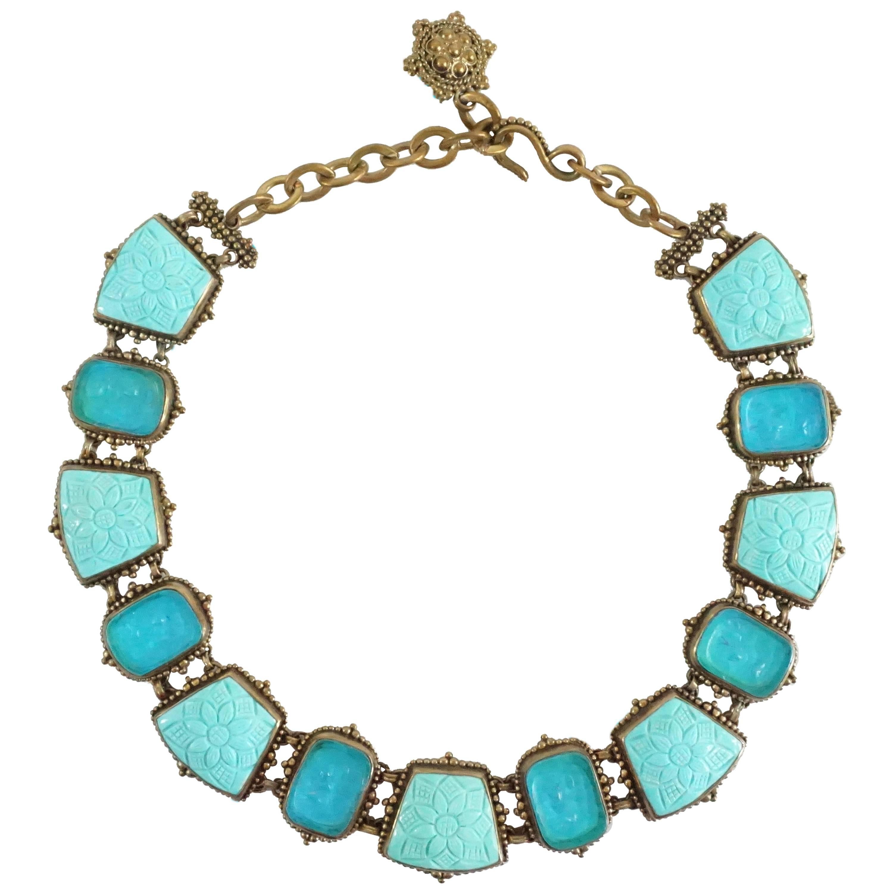 Stephen Dweck Intaglio Turquoise and Crystal Quartz Bronze Stone Necklace