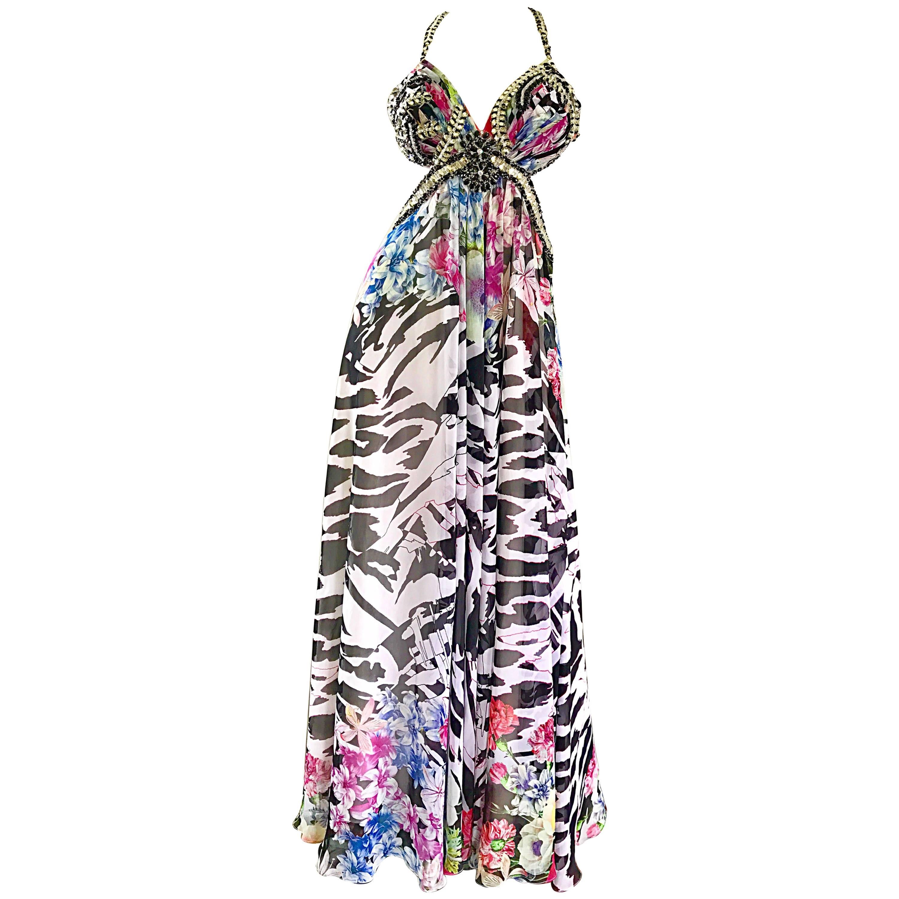 90s NWT Sexy Zebra Flower Print Sz 4 Chiffon Cut Out Sequin Beaded Vintage Gown