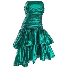 Betsey Johnson 1980s Metallic Green Lame High Low Vintage 80s Strapless Dress