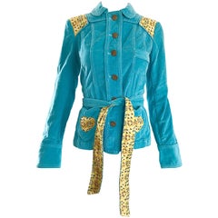 Marc Jacobs 2000s Teal Blue + Yellow Corduroy Patchwork ' Heart ' Belted Jacket 