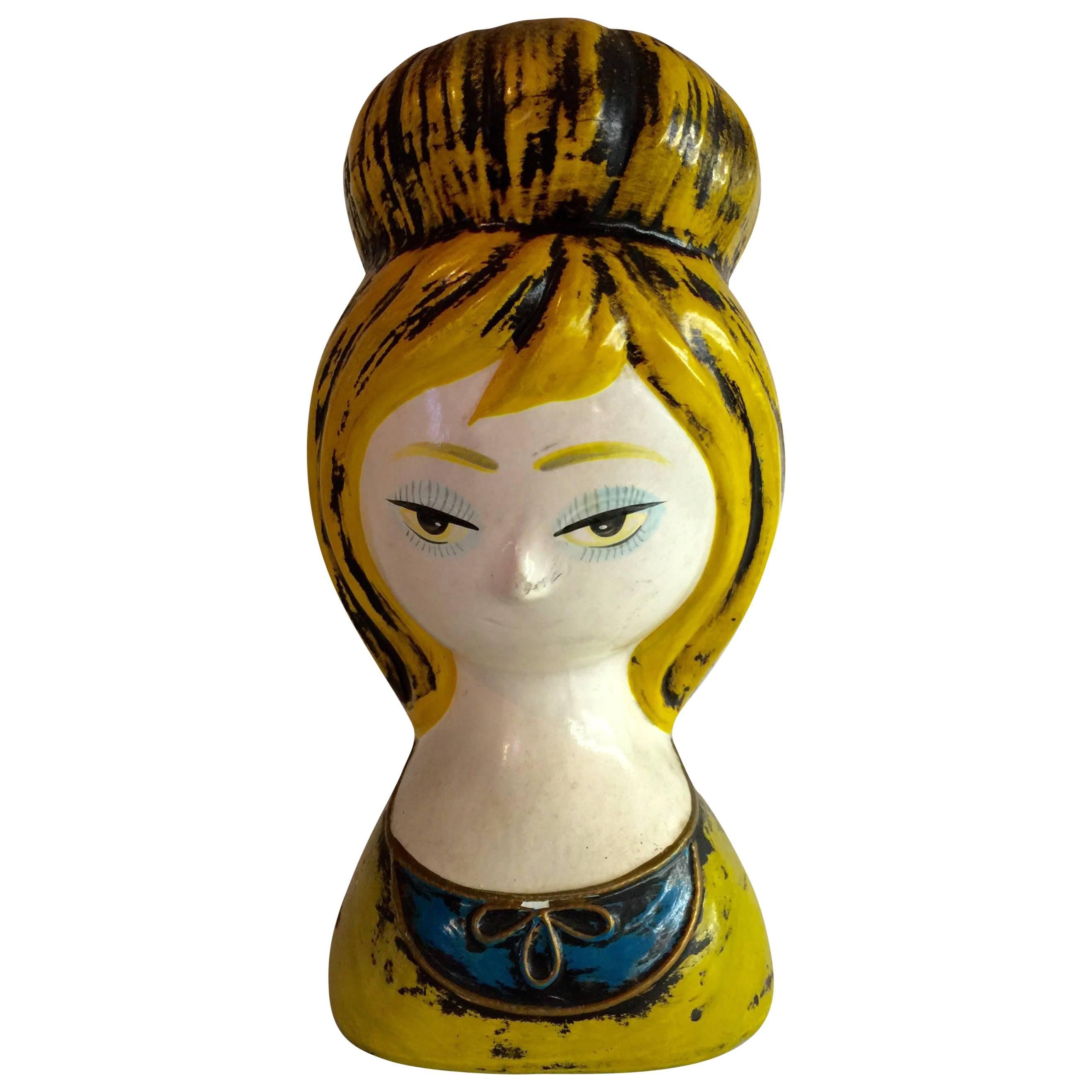 1960s Paper Mache Hand Painted Lady Head Wig Stand/Bank For Sale