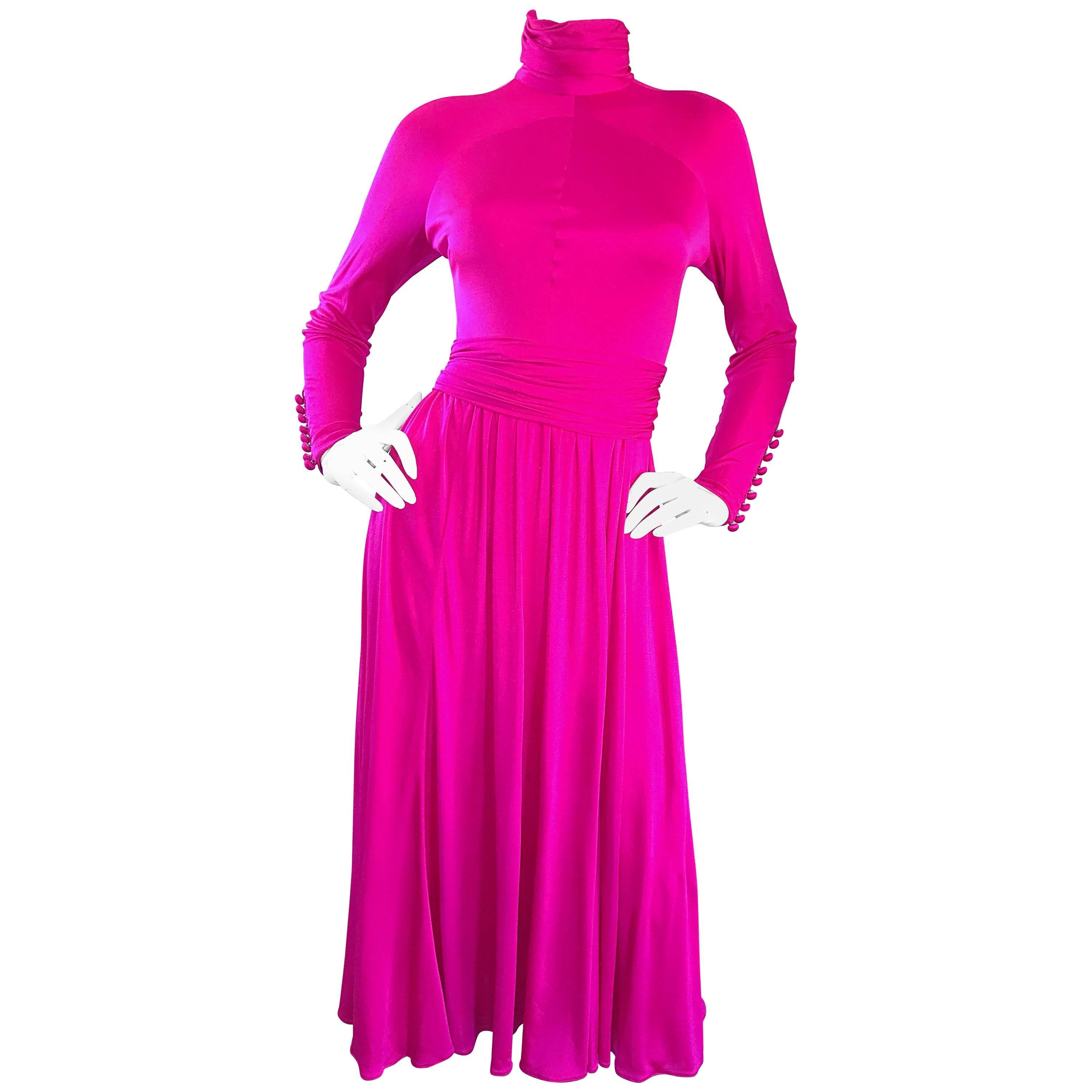 Vintage Geoffrey Beene Shocking Hot Pink Fuchsia Silk Jersey Long Sleeve Dress