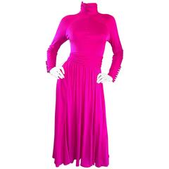 Vintage Geoffrey Beene Shocking Hot Pink Fuchsia Silk Jersey Long Sleeve Dress