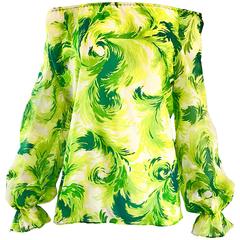 Amazing 1970s Bright Green and White Feather Print Boho Off - Shoulder 70s Top 10