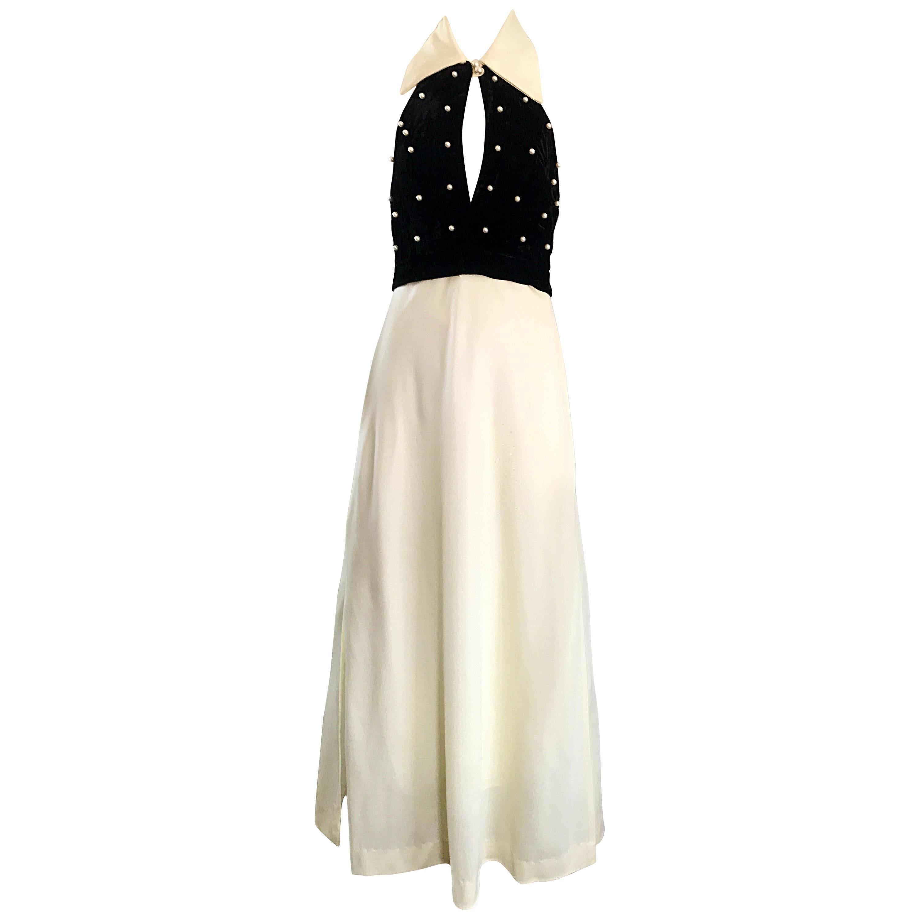 1970s Black and White Pearl Encrusted Peek-a-Boo Vintage 70s Maxi Dress 