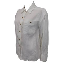 Vintage Chanel White linen top stitch  button down cc logo Shirt blouse