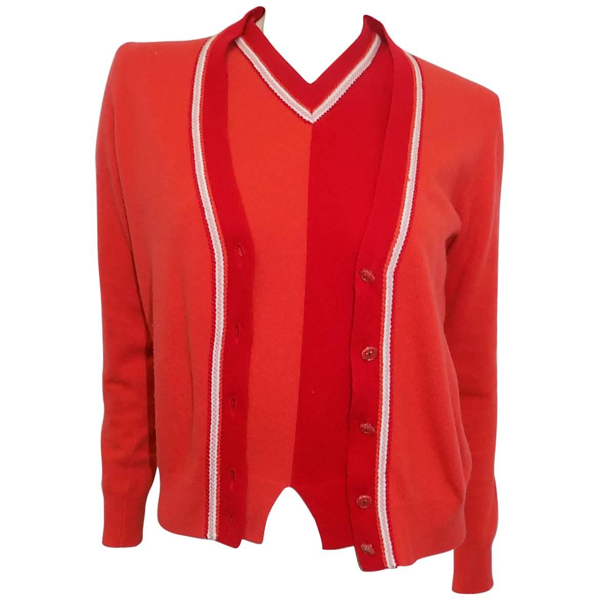Chanel cashmere red orange 3 piece cardigan sweater set sz 40 For Sale