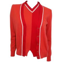 Chanel cashmere red orange 3 piece cardigan sweater set sz 40