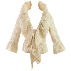 Chanel Camellia Jacket with Bell Ruffle Sleeves Cream Ivory Silk Jacquard 06P 46 4