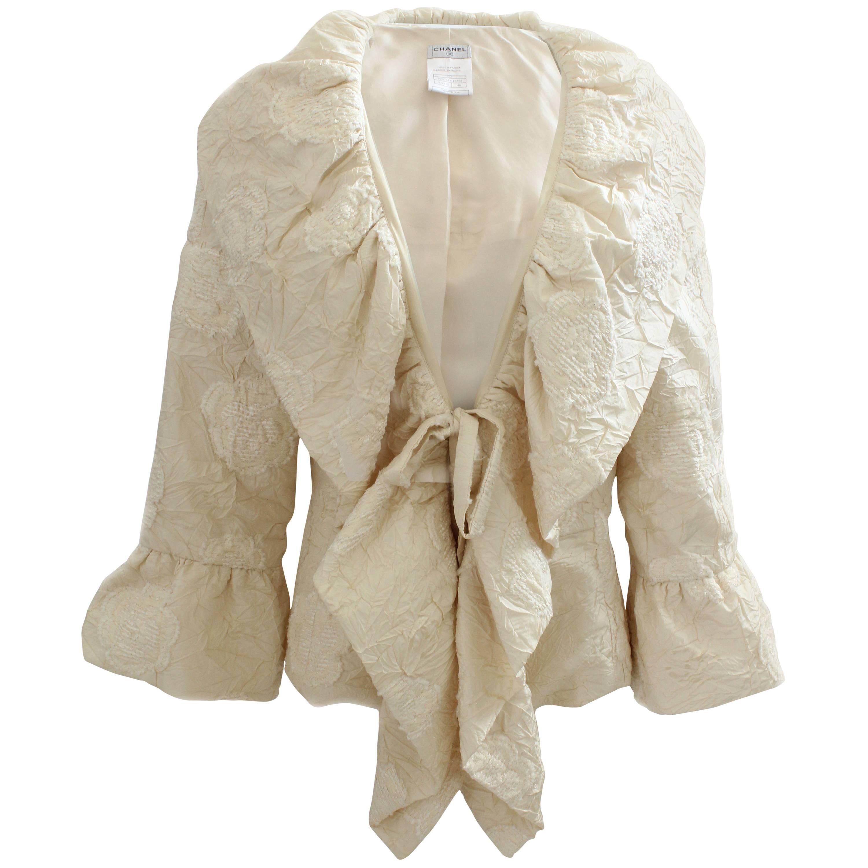 Chanel Camellia Jacket with Bell Ruffle Sleeves Cream Ivory Silk Jacquard 06P 46