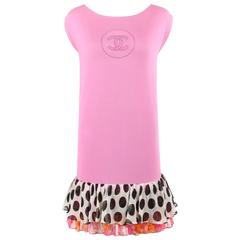 CHANEL S/S 2007 Pink Cotton Knit "CC" Embroidered Ruffle Hem Shift Dress 4
