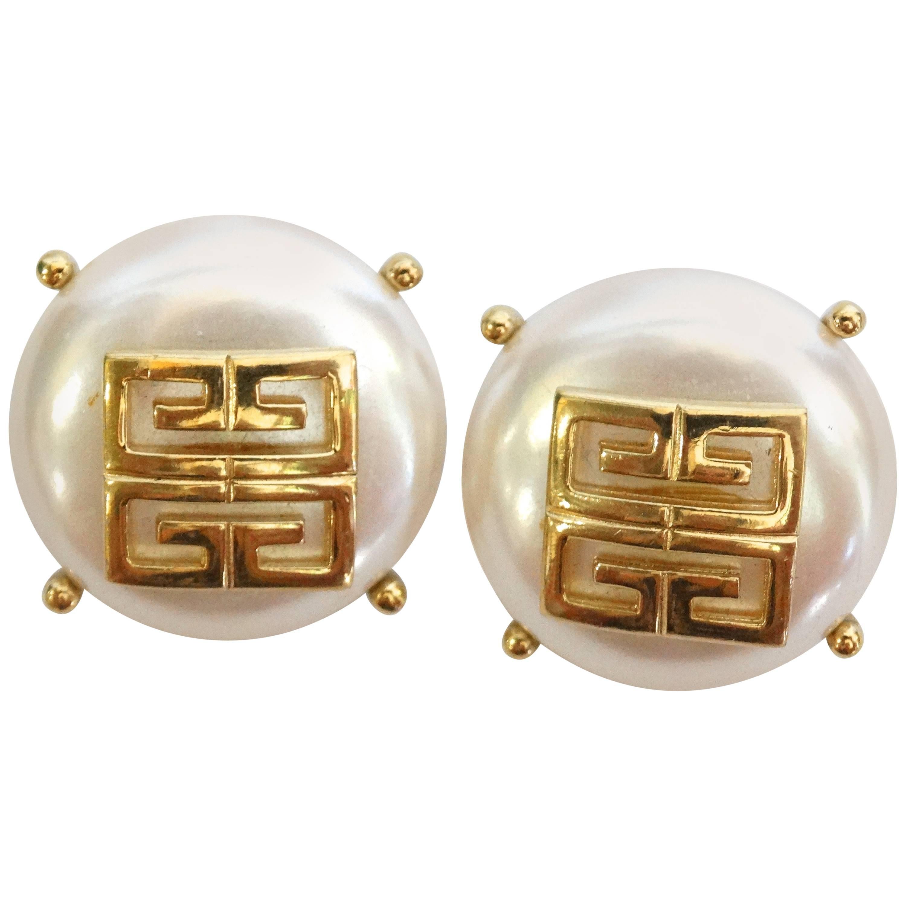 Rare  1980s Huge GIVENCHY Faux Pearl Logo Button Earrings