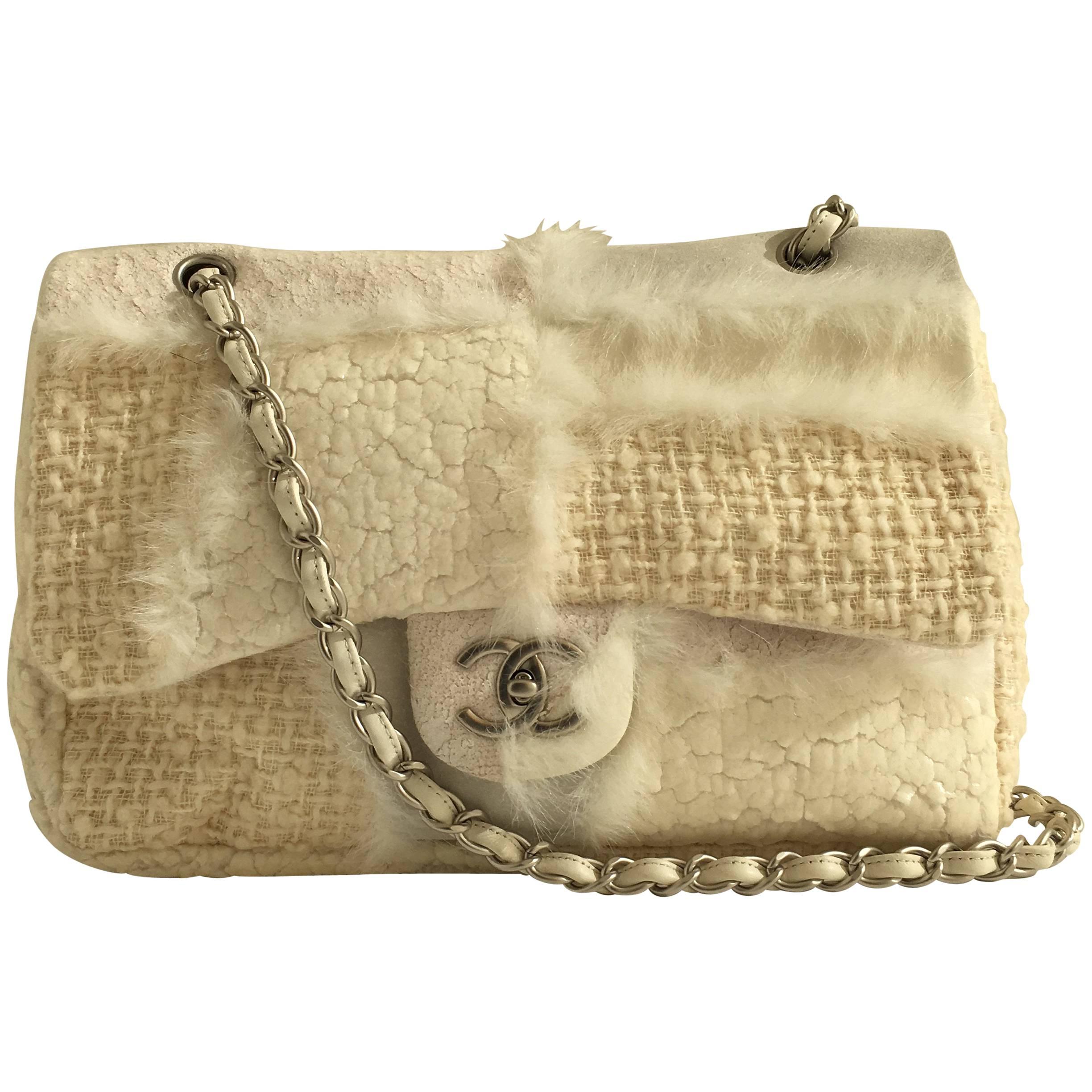 Chanel Classic Flap Cream Bag in Multimedia Patchwork With Faux Fur Accents
