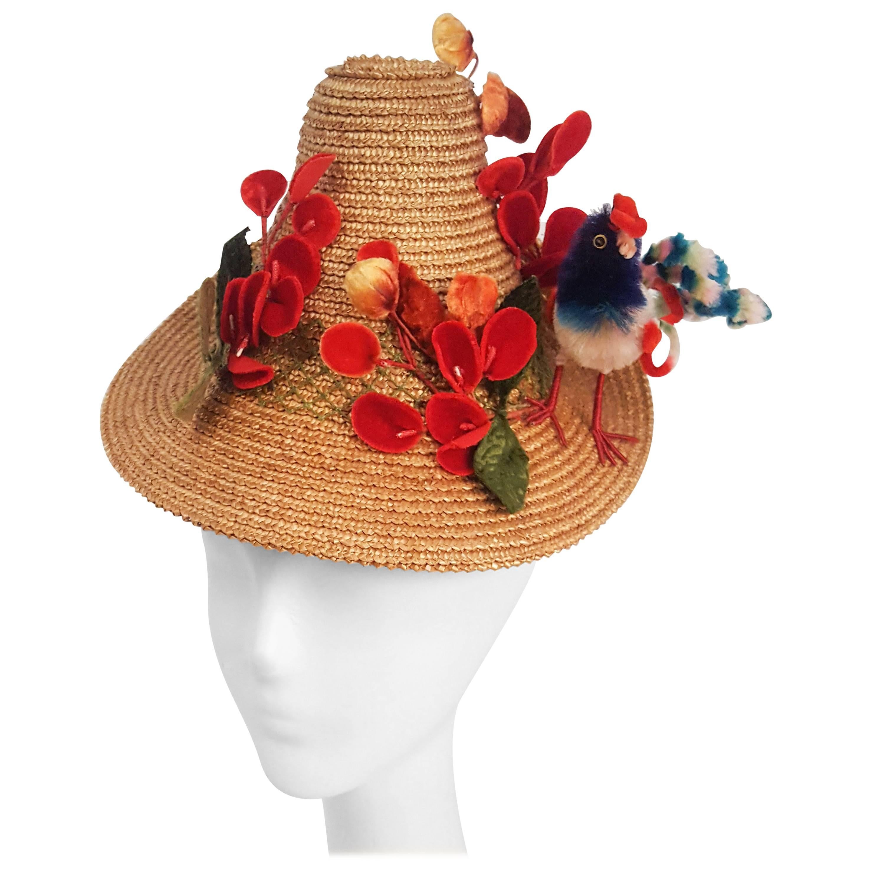 1940s Straw Hat w/ Bird and Flower Embellishment