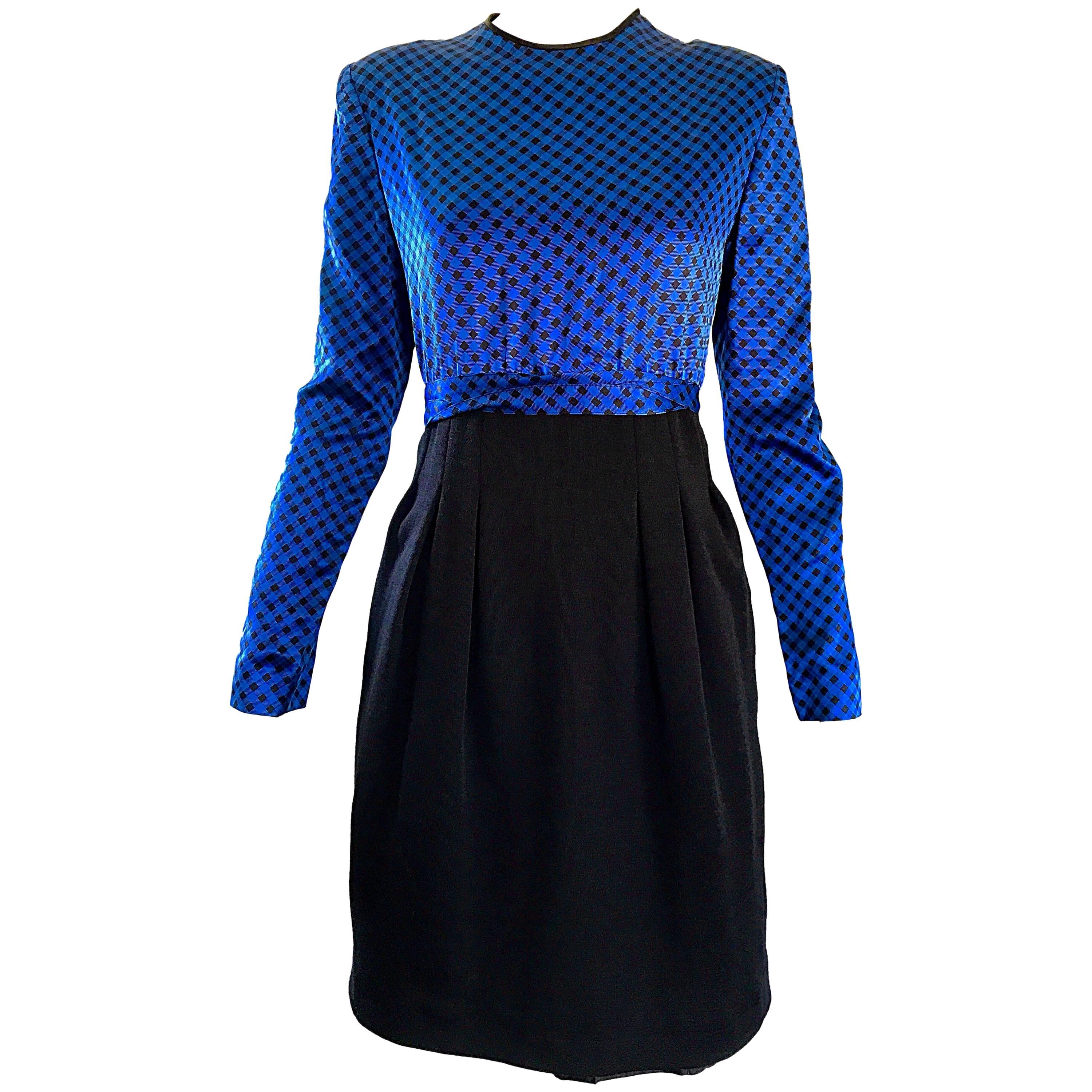 NWT 1990s Geoffrey Beene Size 10 Royal Blue Black Gingham Long Sleeve Dress For Sale