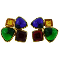 Chanel Vintage 1991 Gripoix Multicolored Glass Clip-On Earrings