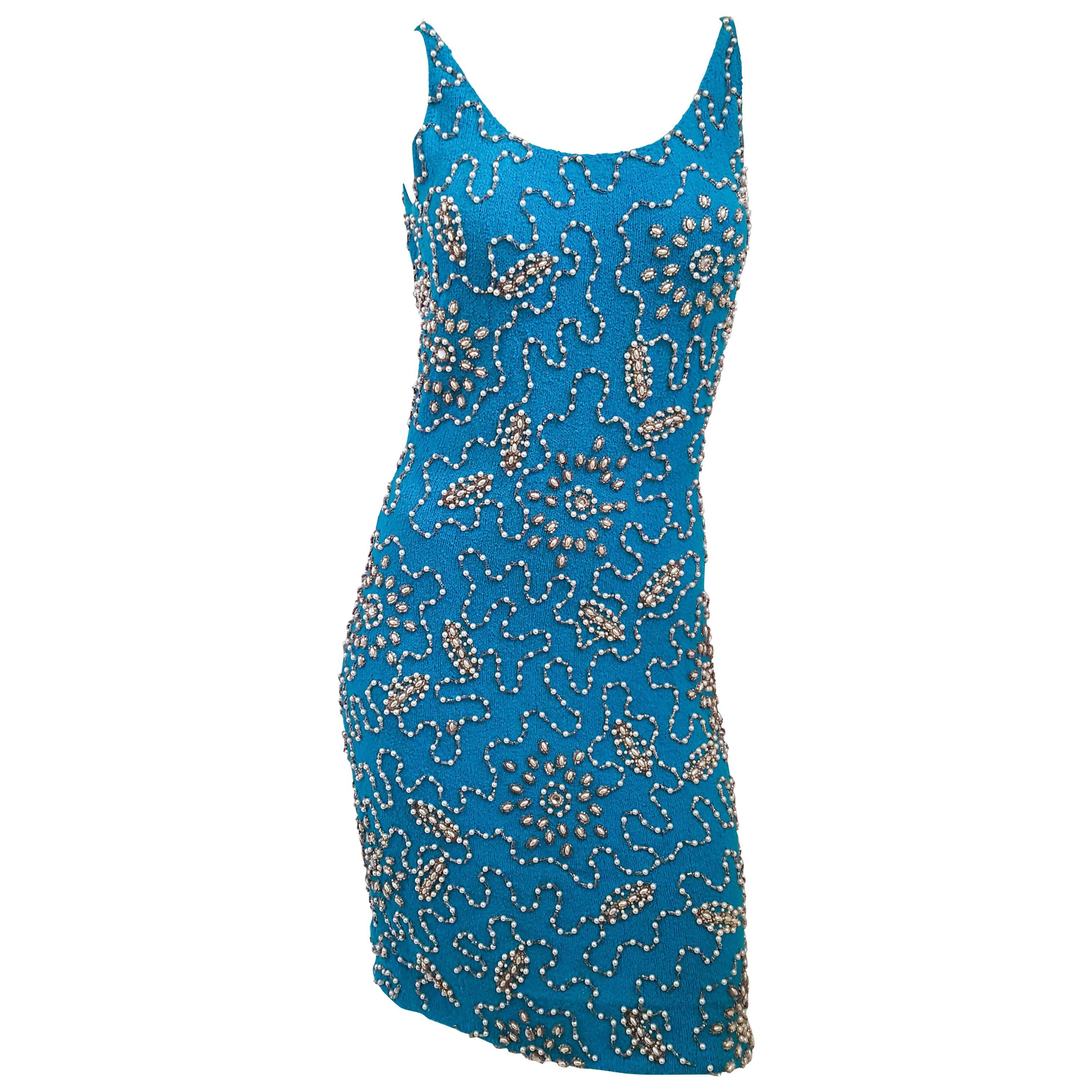 1960s Aqua Knit Beaded Mini Dress For Sale at 1stDibs