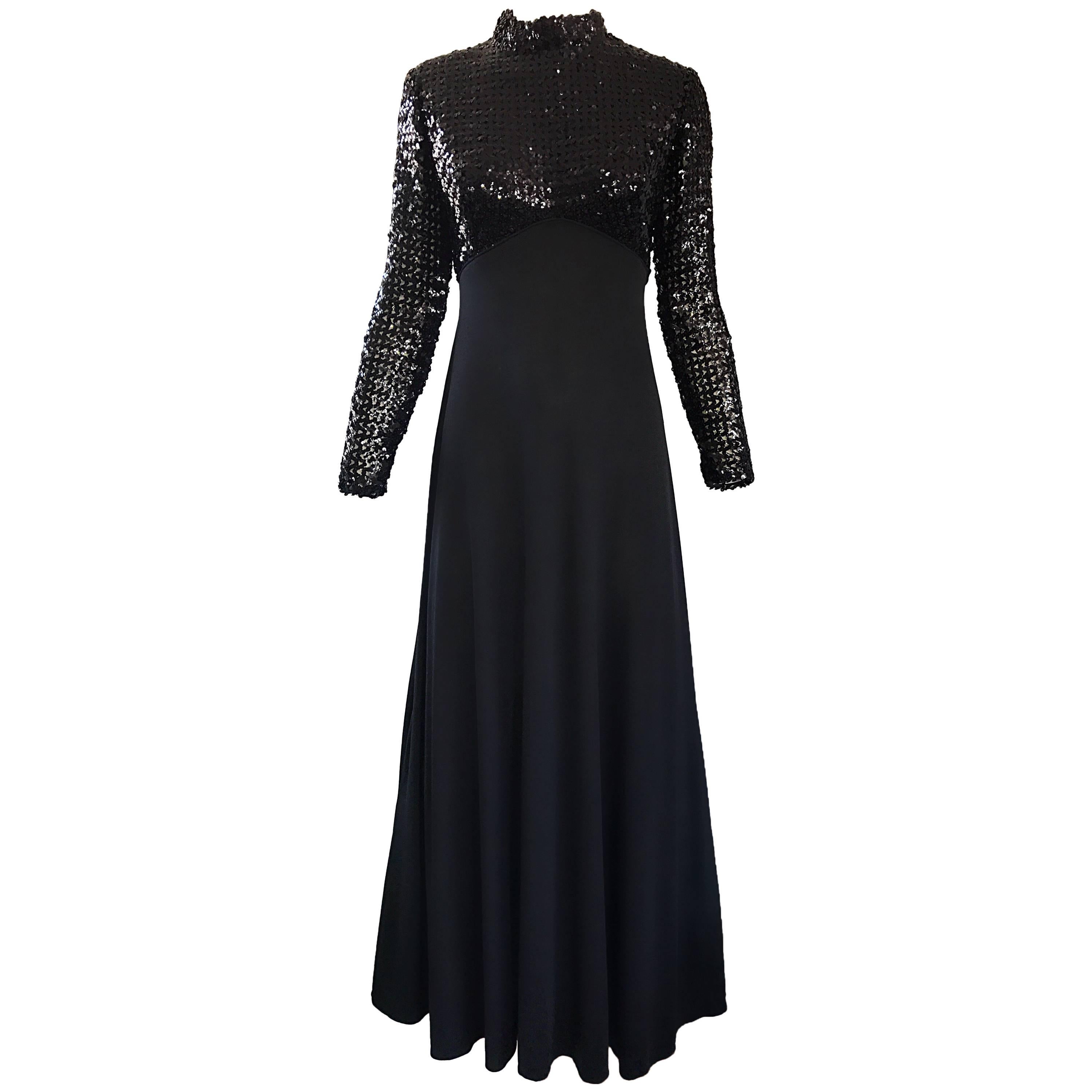 Amazing 1970s Black Sequin Long Sleeve High Neck Vintage 70s Jersey Evening Gown