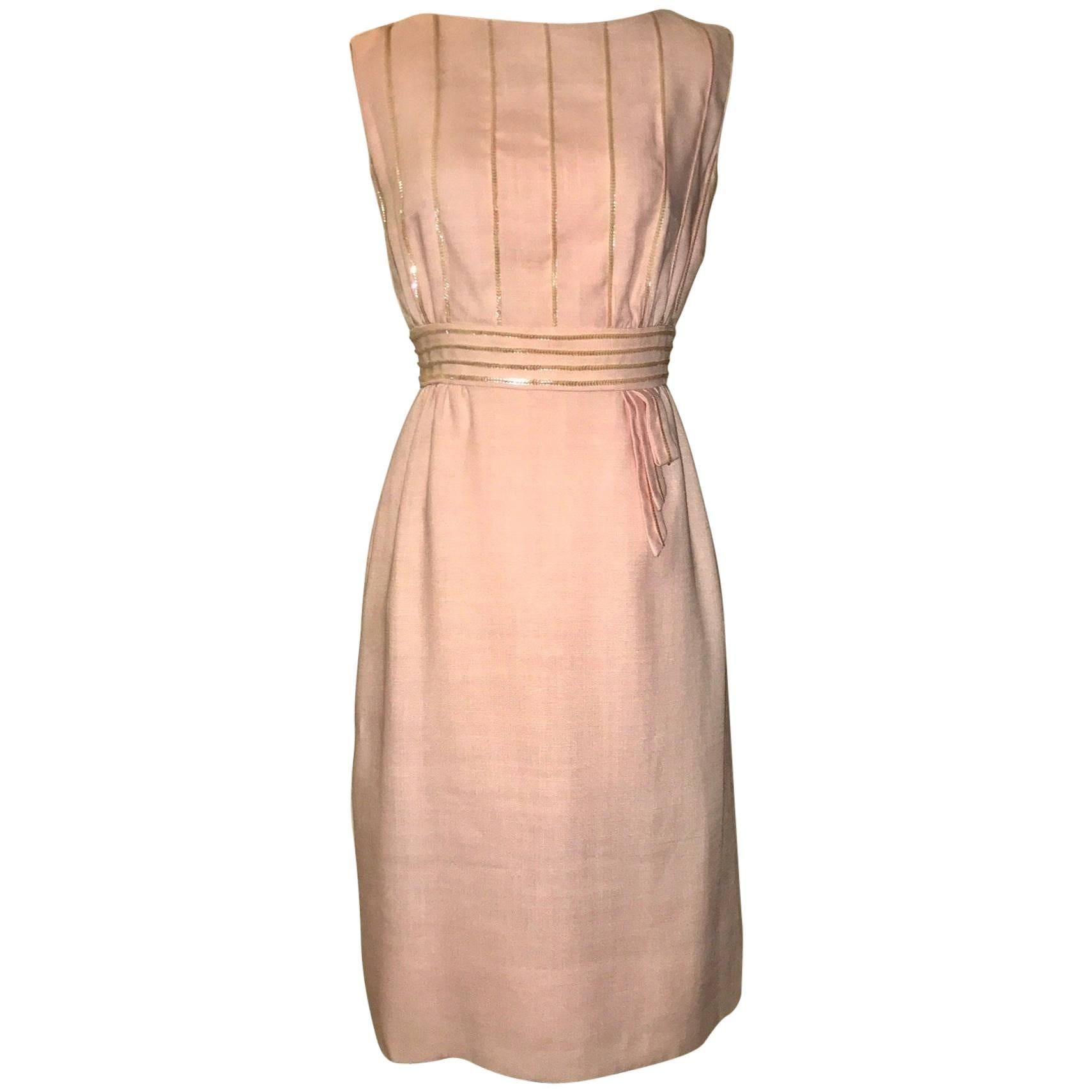 Peggy Hunt Pink Linen Sleeveless Shift Dress with Sequin Embellishment, 1960s 