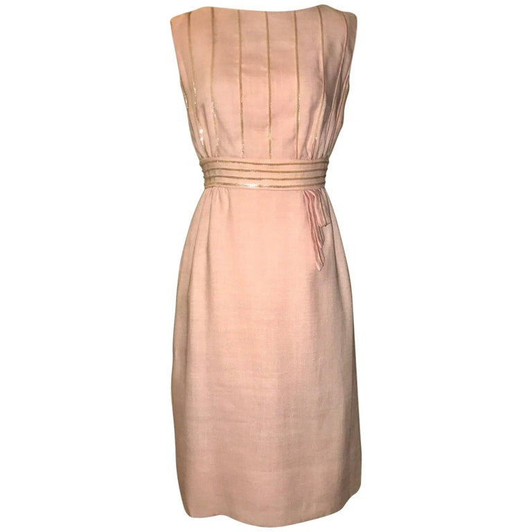 Peggy Hunt Pink Linen Sleeveless Shift Dress With Sequin Embellishment, 1960s Peggy Hunt Pink Linen Sleeveless Shift Dress With Sequin Embellishment, 1960s