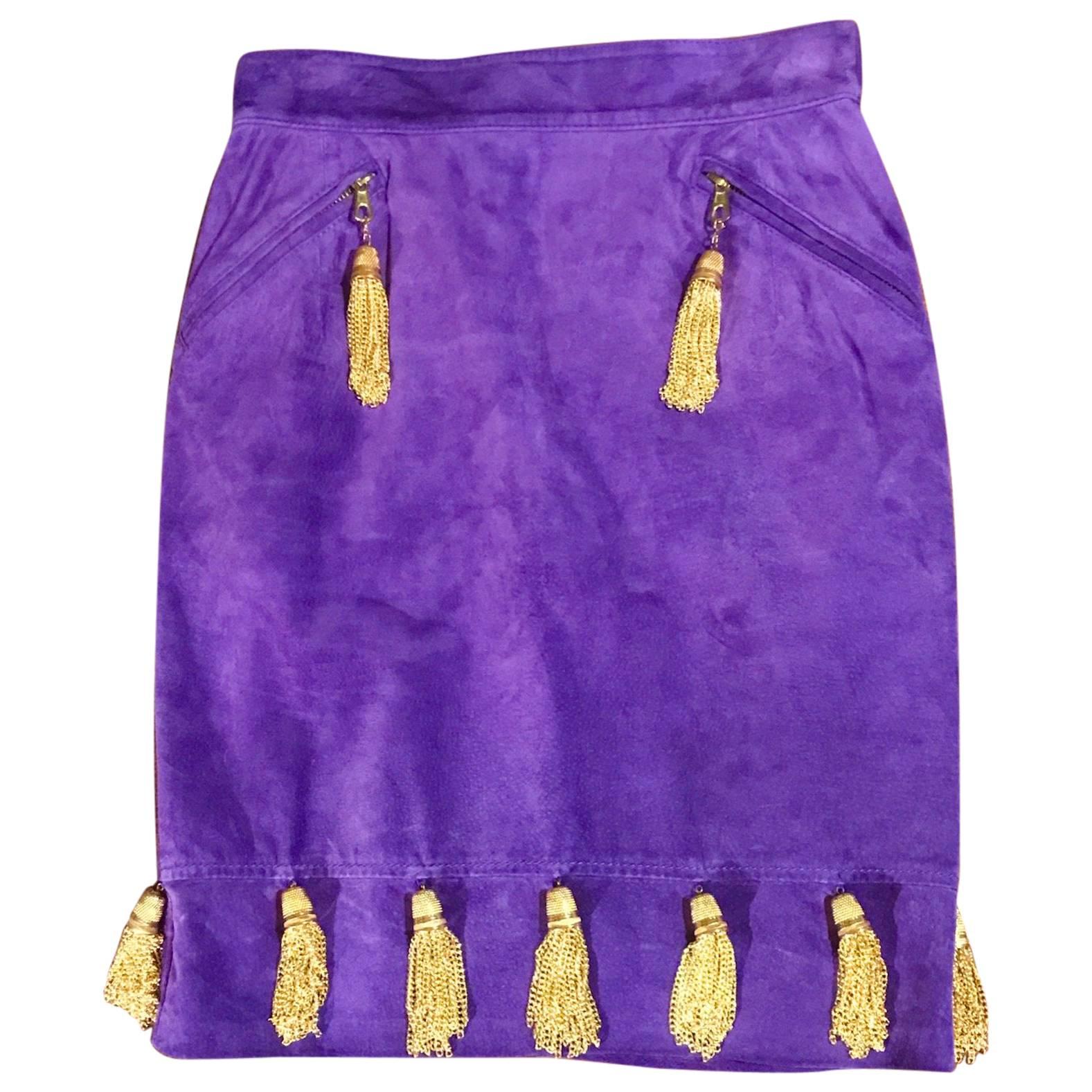 Moschino Vintage Purple Violet Suede Pencil Skirt  Gold Tassel Thimbles, 1980s 