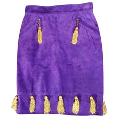 Moschino Vintage Purple Violet Suede Pencil Skirt  Gold Tassel Thimbles, 1980s 