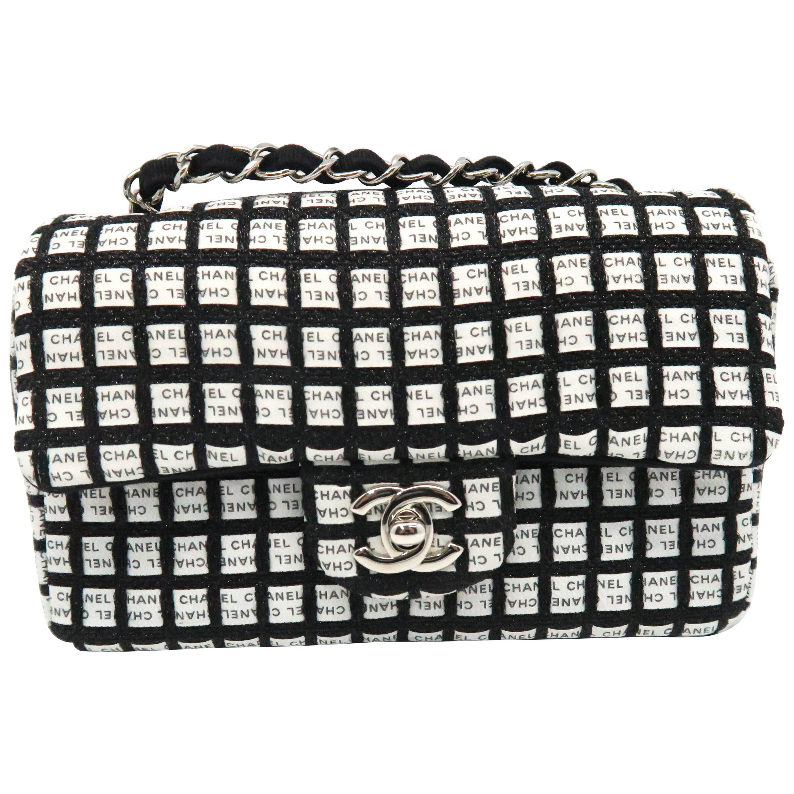 Chanel Classic Flap Black and White Checkered Fabric Chain Shoulder Bag For Sale