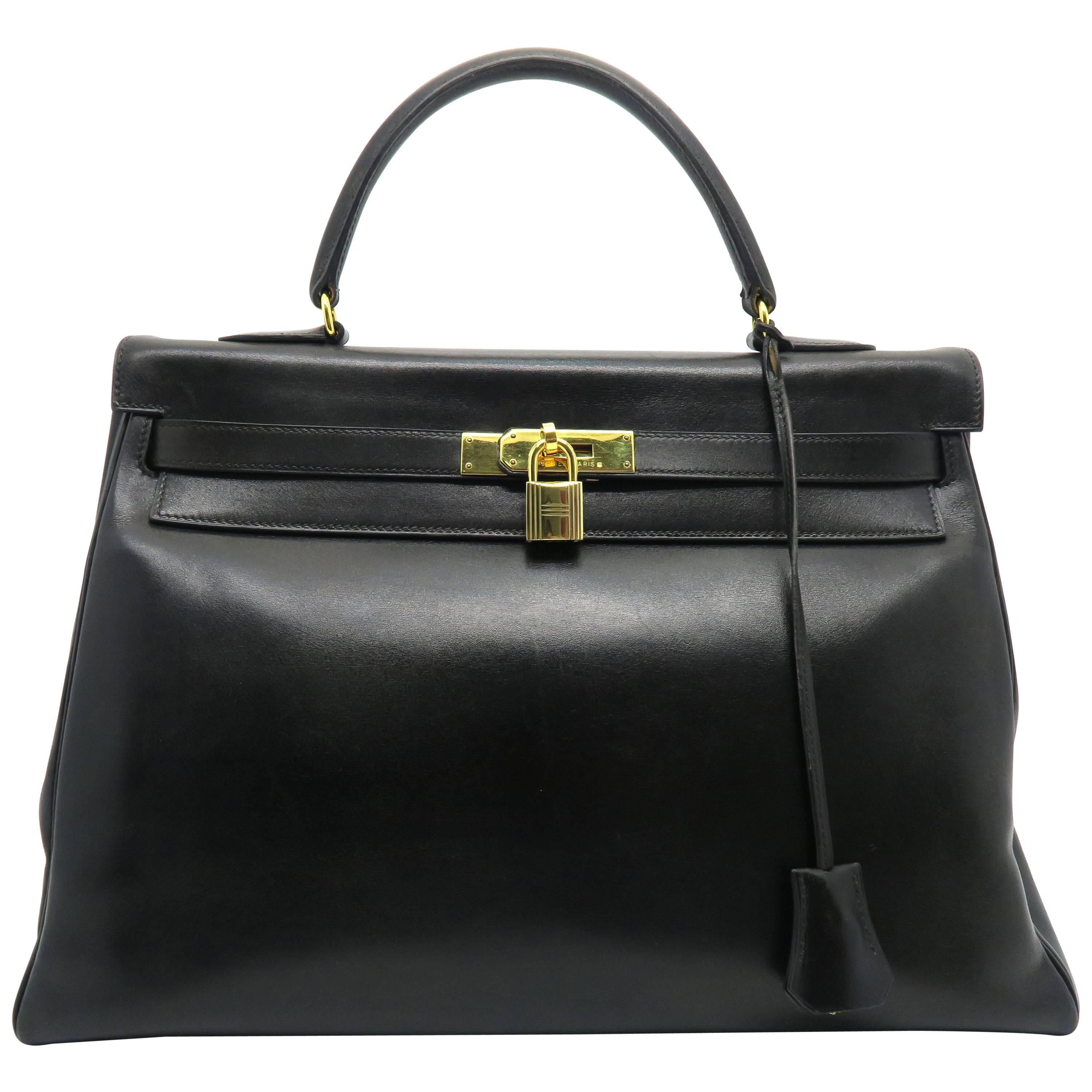 Hermes Vintage Kelly 35 Noir Black Box Calf Leather Gold Metal Top Handle Bag For Sale